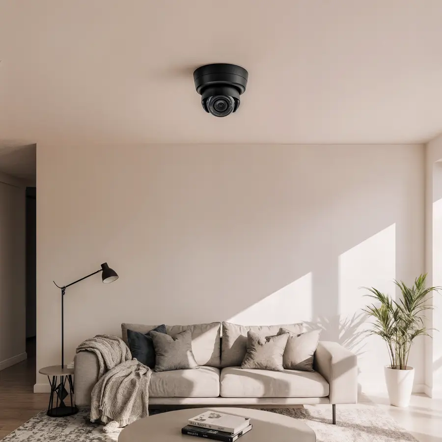 A black dome security camera mounted centrally on the ceiling of a bright, modern living room, overlooking a beige sofa, floor lamp, and potted plan