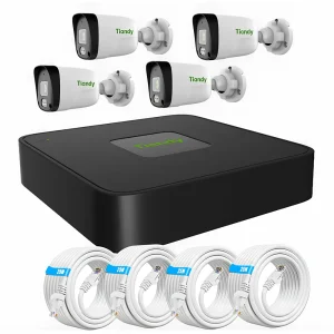 Tiandy 8-channel NVR security system kit including 4 white bullet cameras, a black NVR recorder, and 4 rolls of white ethernet cable.